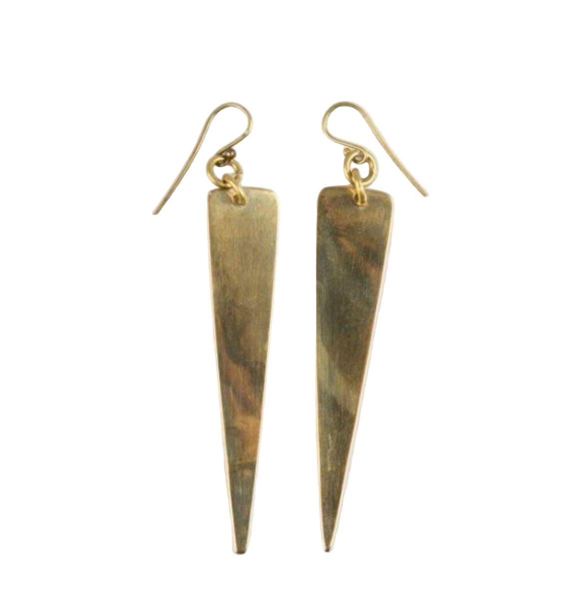 Pair of gold triangular earrings on a white background